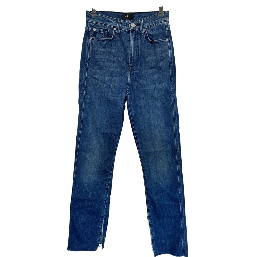 7 For All Mankind High Waist Straight Jeans Distressed Side Slit, Medium Blue